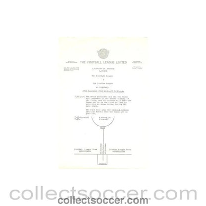 1962 - Plan of The Football League about the football match The Football League v The Italian Football League on 29/11/1962 - Collect Soccer