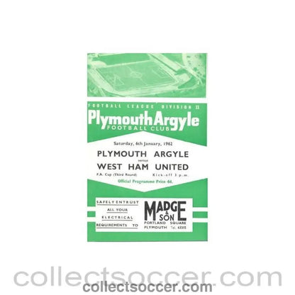 1962 - Plymouth Argyle v West Ham United official programme 06/01/1962 - Collect Soccer