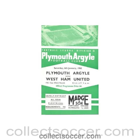 1962 - Plymouth Argyle v West Ham United official programme 06/01/1962 - Collect Soccer