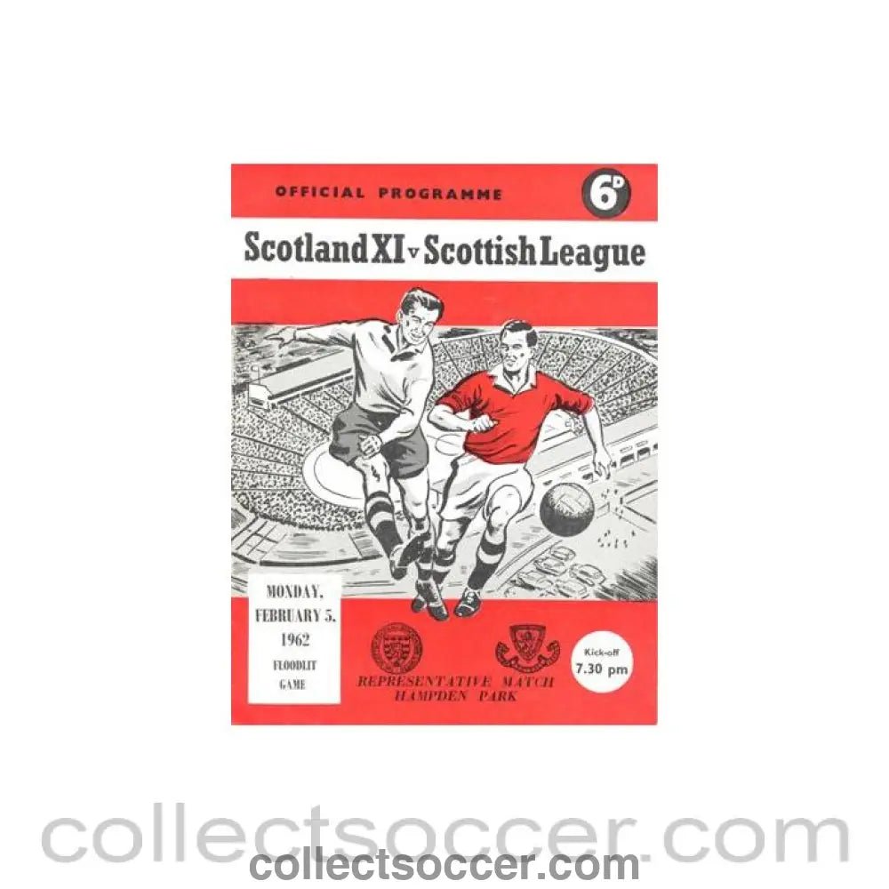 1962 Scotland XI v Scottish League official programme 05/02/1962 Floodlit Game - Collect Soccer