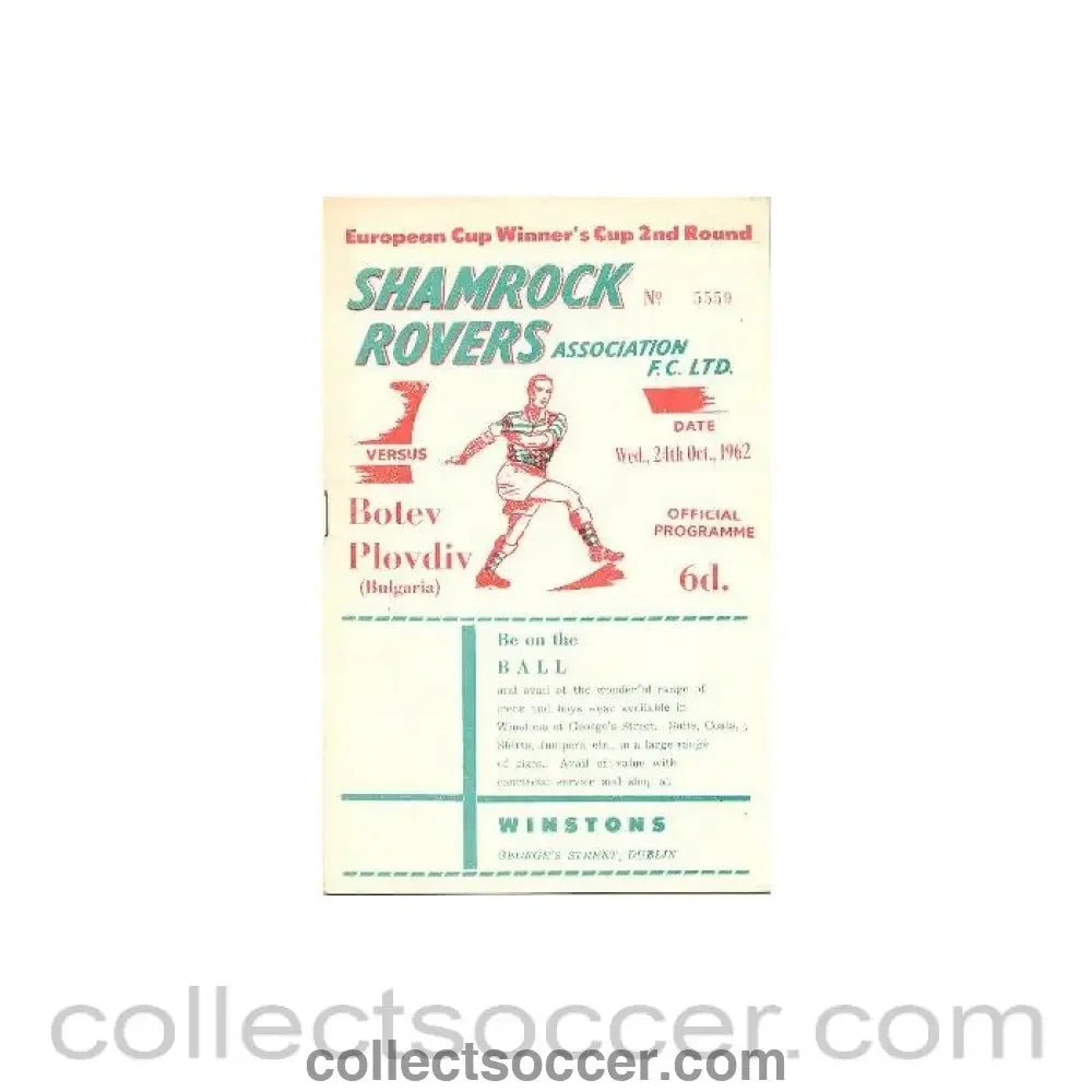 1962 - Shamrock Rovers v Botev Plovdiv, Bulgaria official programme 24/10/1962 European Cup Winners Cup - Collect Soccer