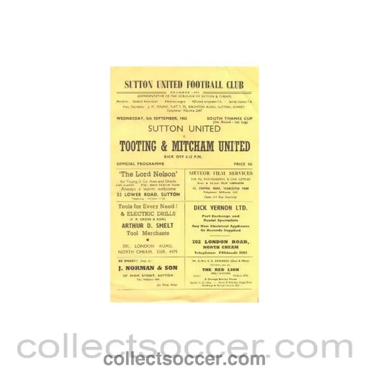 1962 - Sutton United v Tooting & Mitcham United official programme 05/09/1962 - Collect Soccer