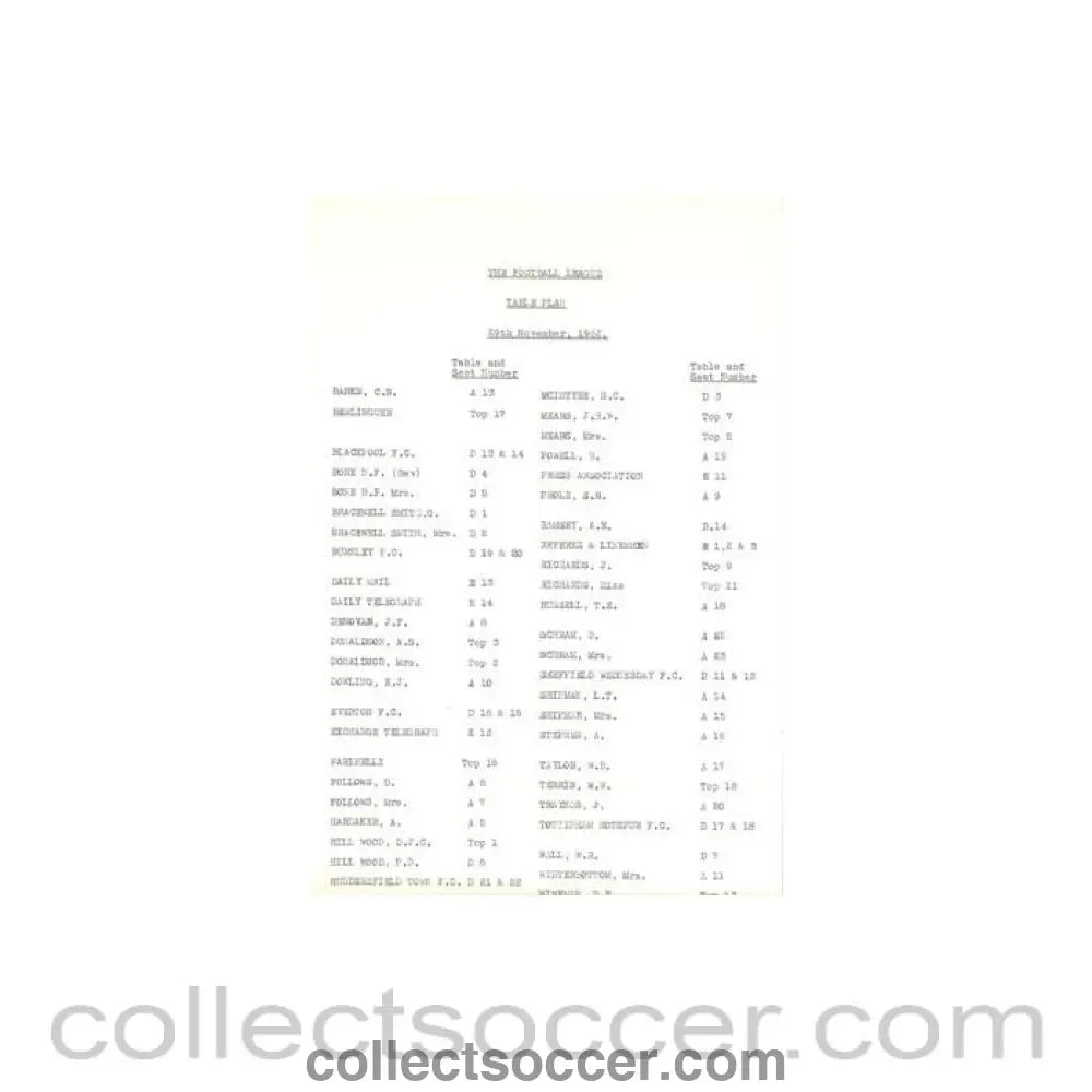 1962 - Table Plan English Party about the football match The Football League v The Italian Football League on 29/11/1962 - Collect Soccer