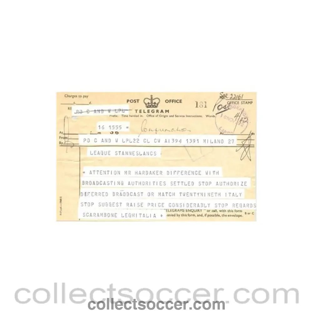 1962 - Telegram from Signor L. Scarambone of The Italian League of 16/11/1962 to FL - Collect Soccer
