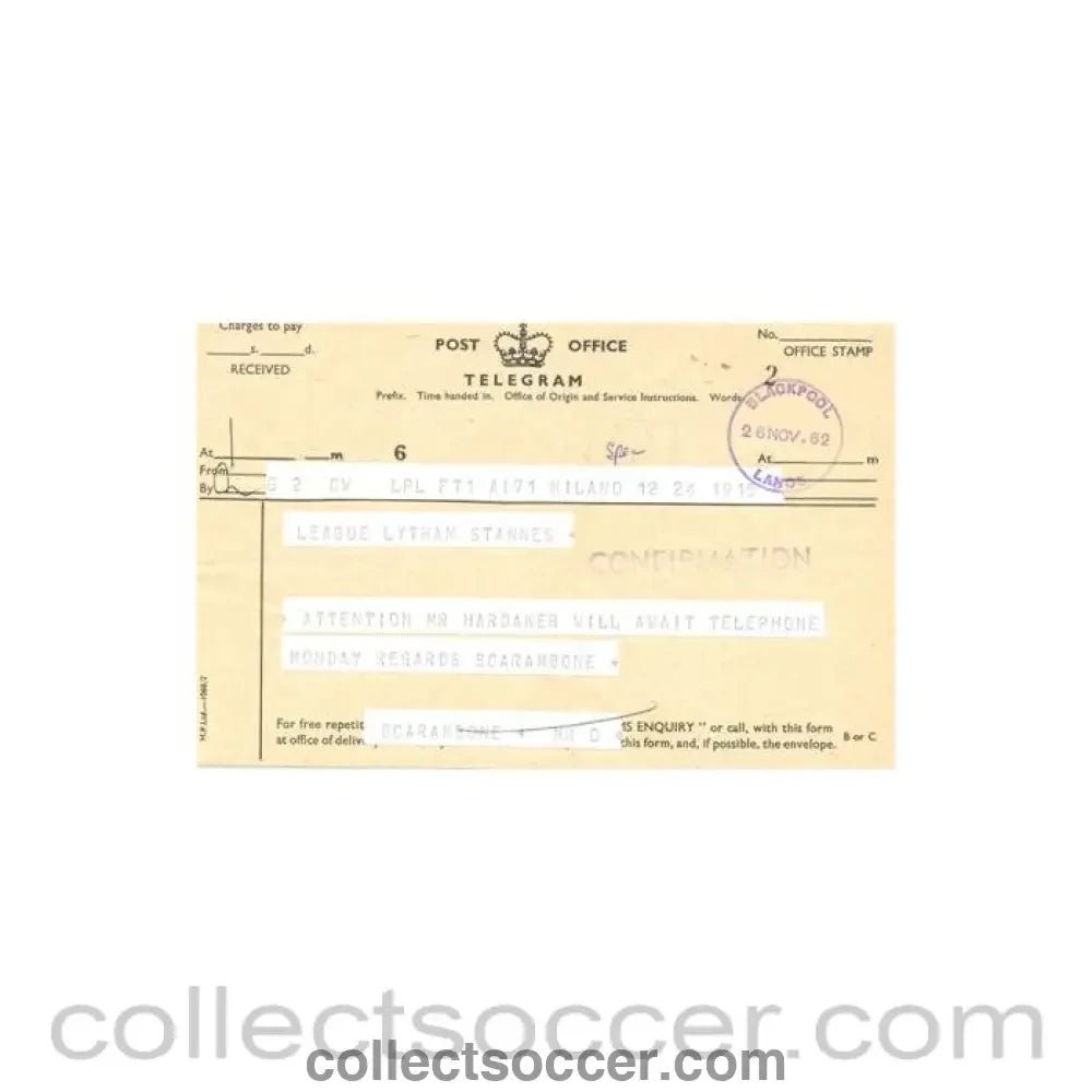 1962 - Telegram from Signor L. Scarambone of The Italian League of 26/11/1962 to The Football League - Collect Soccer