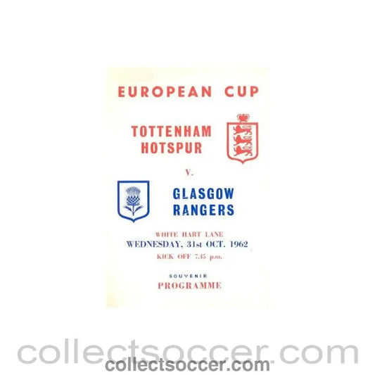 1962 - Tottenham Hotspur v Glasgow Rangers official programme 31/10/1962 European Cup - Collect Soccer