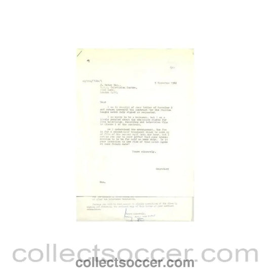 1962 - Two Letters from BBC TV Centre, originally signed by Jack Oaten and Peter Dimmock, of 02/11/1962 to FL - Collect Soccer