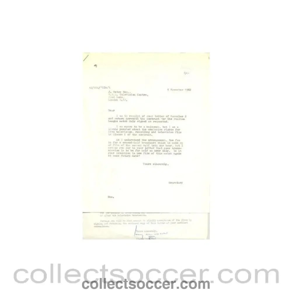 1962 - Two Letters from BBC TV Centre, originally signed by Jack Oaten and Peter Dimmock, of 02/11/1962 to FL - Collect Soccer