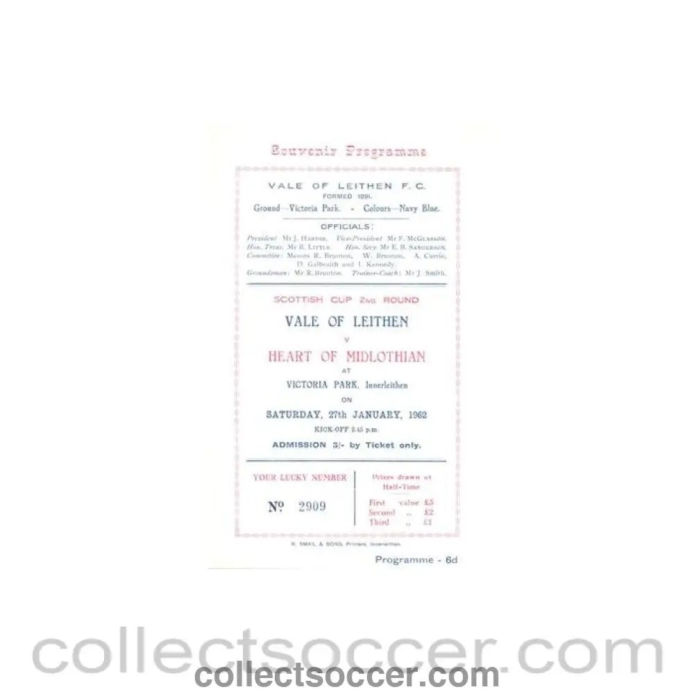1962 - Vale of Leithen v Heart of Midlothian official programme 27/01/1962 Scottish Cup - Collect Soccer