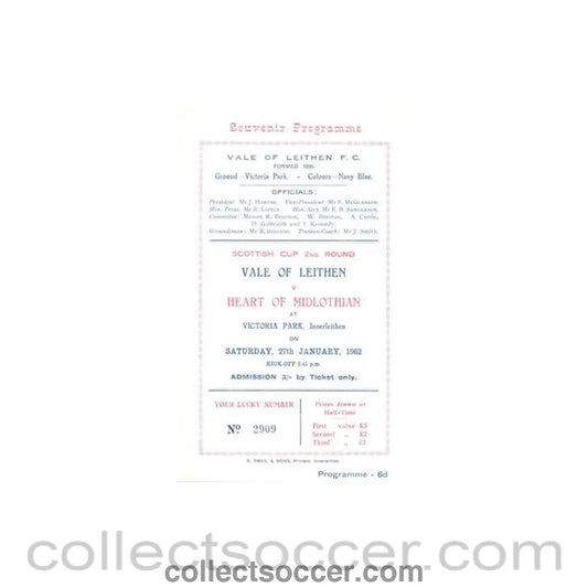 1962 - Vale of Leithen v Heart of Midlothian official programme 27/01/1962 Scottish Cup - Collect Soccer