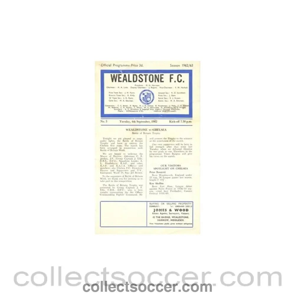 1962 - Wealdstone v Chelsea official programme 04/09/1962 - Collect Soccer