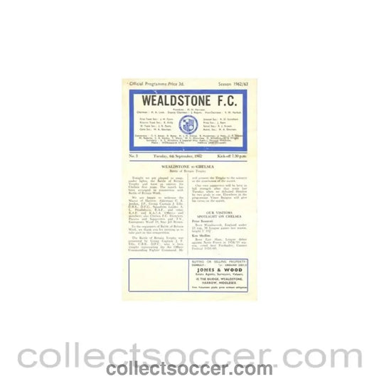 1962 - Wealdstone v Chelsea official programme 04/09/1962 - Collect Soccer