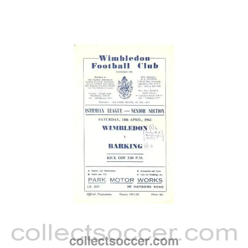 1962 - Wimbledon v Barking official programme 14/04/1962 - Collect Soccer