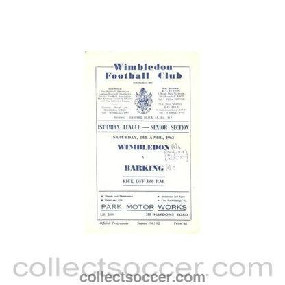 1962 - Wimbledon v Barking official programme 14/04/1962 - Collect Soccer