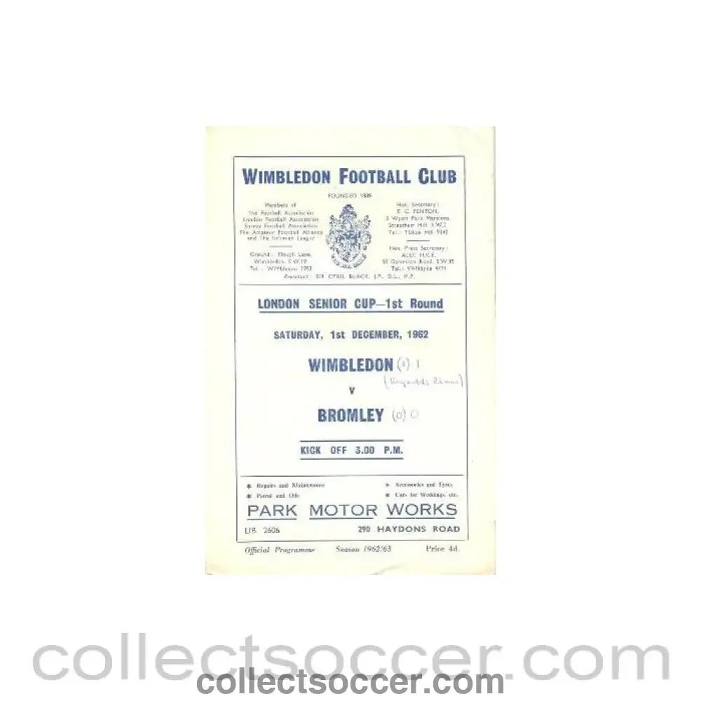1962 - Wimbledon v Bromley official programme 01/12/1962 - Collect Soccer
