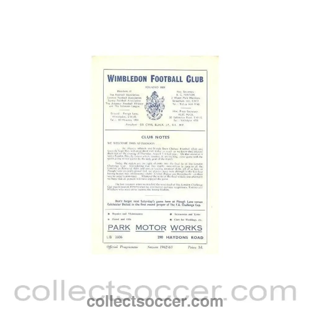 1962 - Wimbledon v Chelsea official programme 29/10/1962 - Collect Soccer