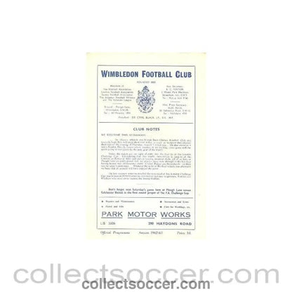1962 - Wimbledon v Chelsea official programme 29/10/1962 - Collect Soccer
