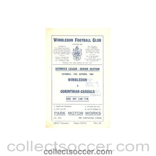 1962 - Wimbledon v Corinthian - Casuals official programme 13/10/1962 - Collect Soccer
