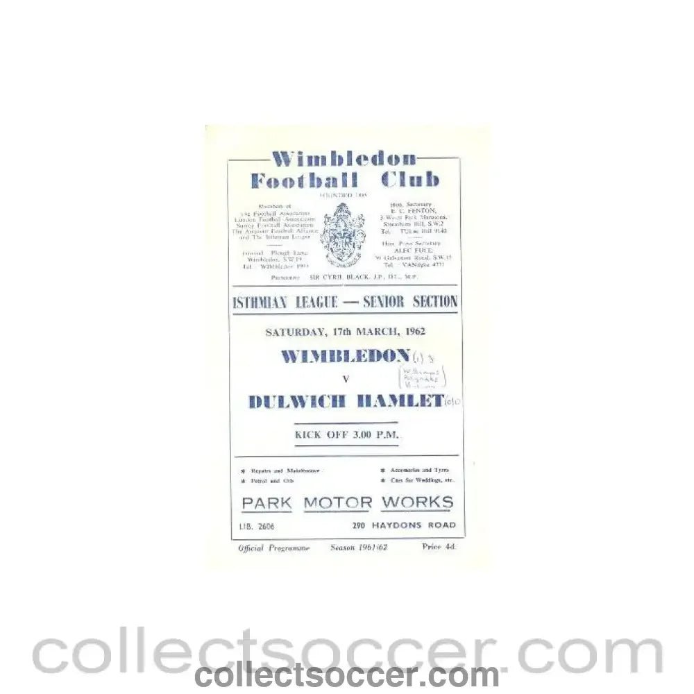 1962 - Wimbledon v Dulwich Hamlet official programme 17/03/1962 - Collect Soccer