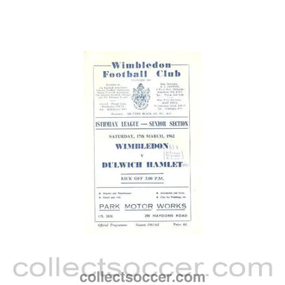 1962 - Wimbledon v Dulwich Hamlet official programme 17/03/1962 - Collect Soccer
