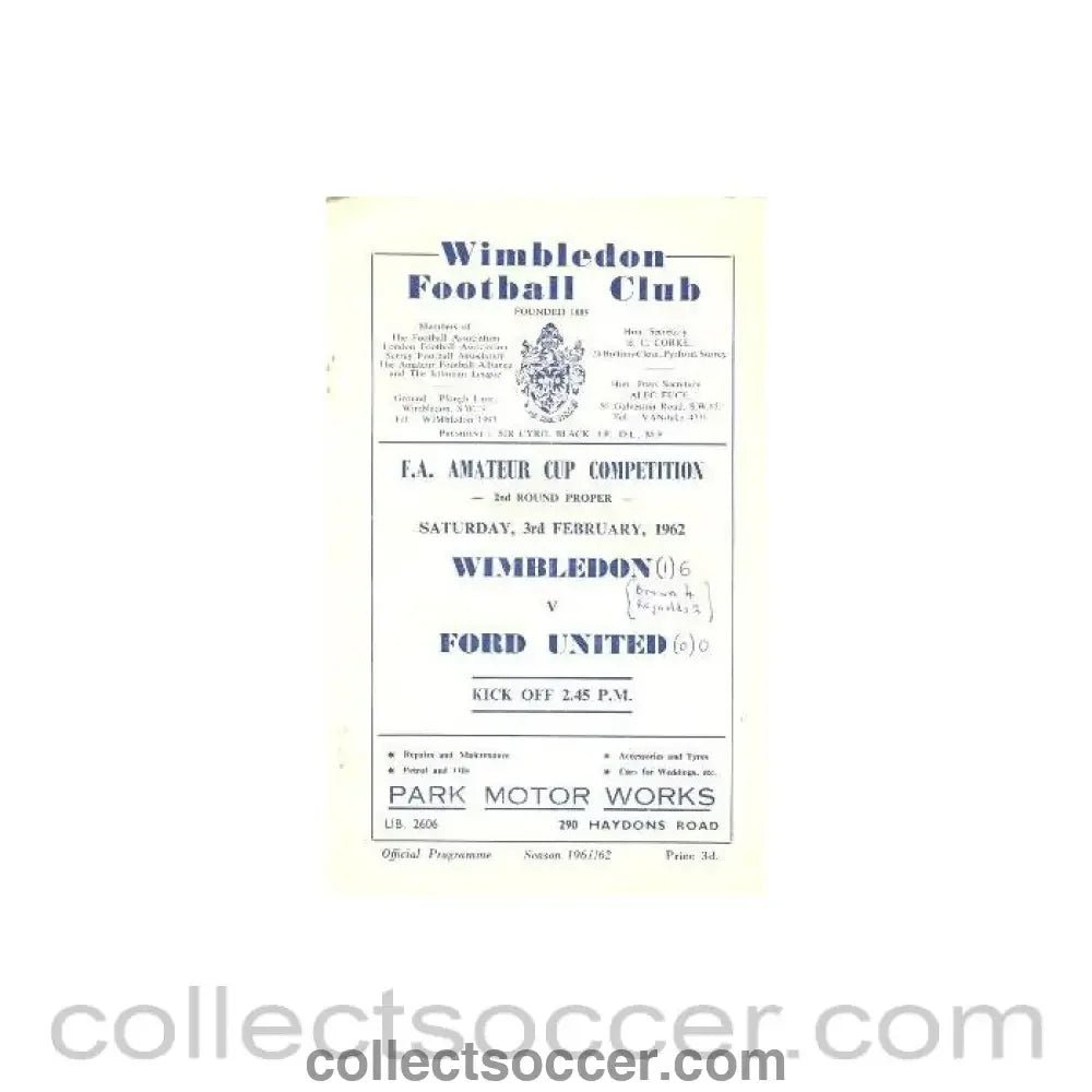1962 - Wimbledon v Ford United official programme 03/02/1962 - Collect Soccer