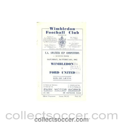 1962 - Wimbledon v Ford United official programme 03/02/1962 - Collect Soccer