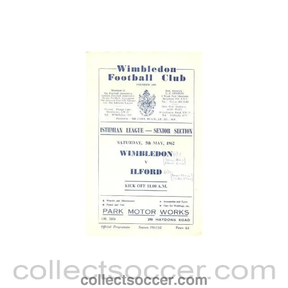 1962 - Wimbledon v Ilford official programme 05/05/1962 - Collect Soccer