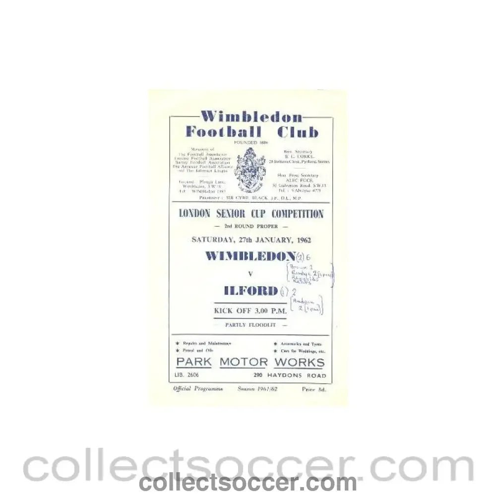 1962 - Wimbledon v Ilford official programme 27/01/1962 - Collect Soccer