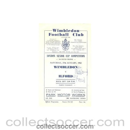 1962 - Wimbledon v Ilford official programme 27/01/1962 - Collect Soccer