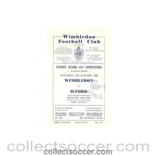 1962 - Wimbledon v Ilford official programme 27/01/1962 - Collect Soccer