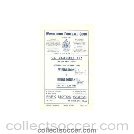 1962 - Wimbledon v Kingstonian official programme 06/10/1962 - Collect Soccer