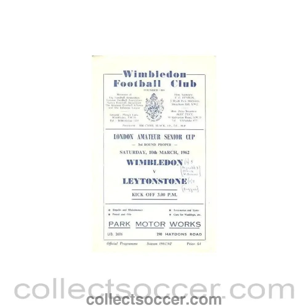 1962 - Wimbledon v Leytonstone official programme 10/03/1962 - Collect Soccer