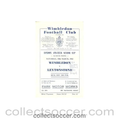 1962 - Wimbledon v Leytonstone official programme 10/03/1962 - Collect Soccer