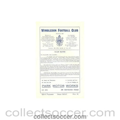 1962 - Wimbledon v Leytonstone official programme 18/09/1962 - Collect Soccer