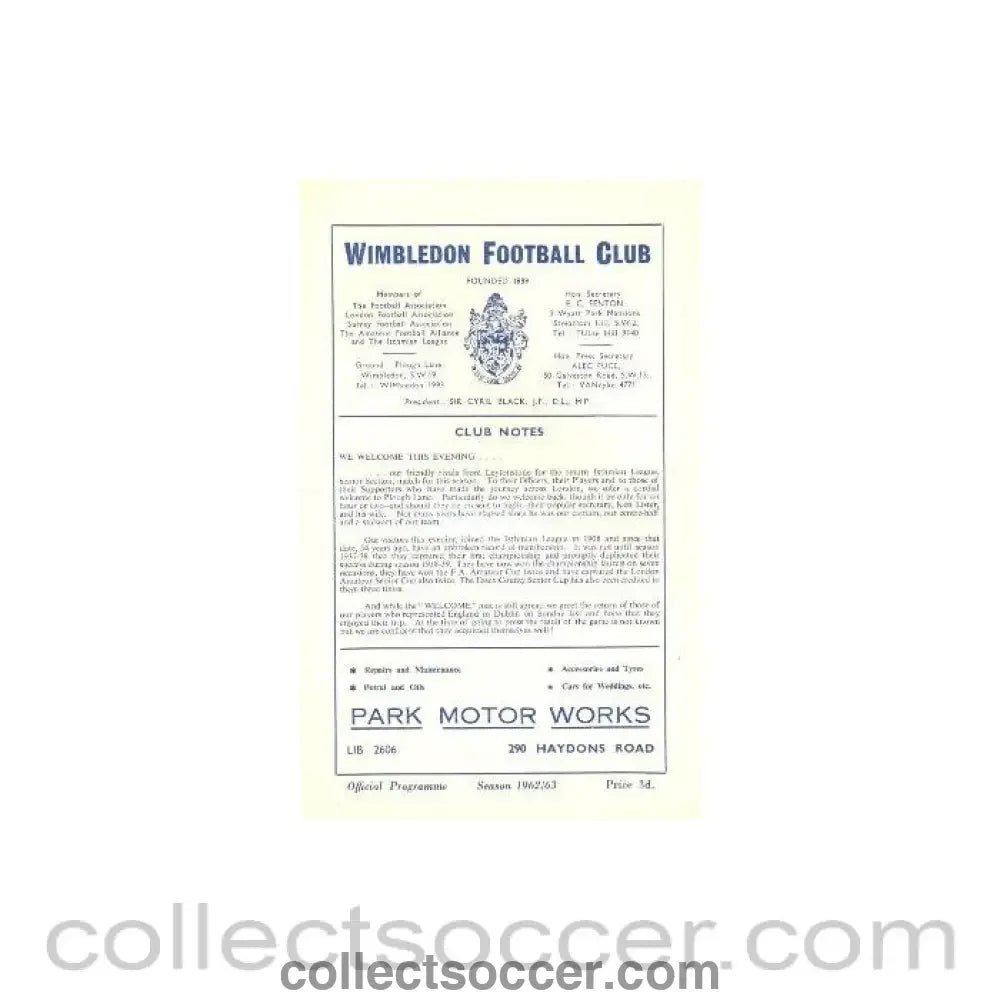 1962 - Wimbledon v Leytonstone official programme 18/09/1962 - Collect Soccer