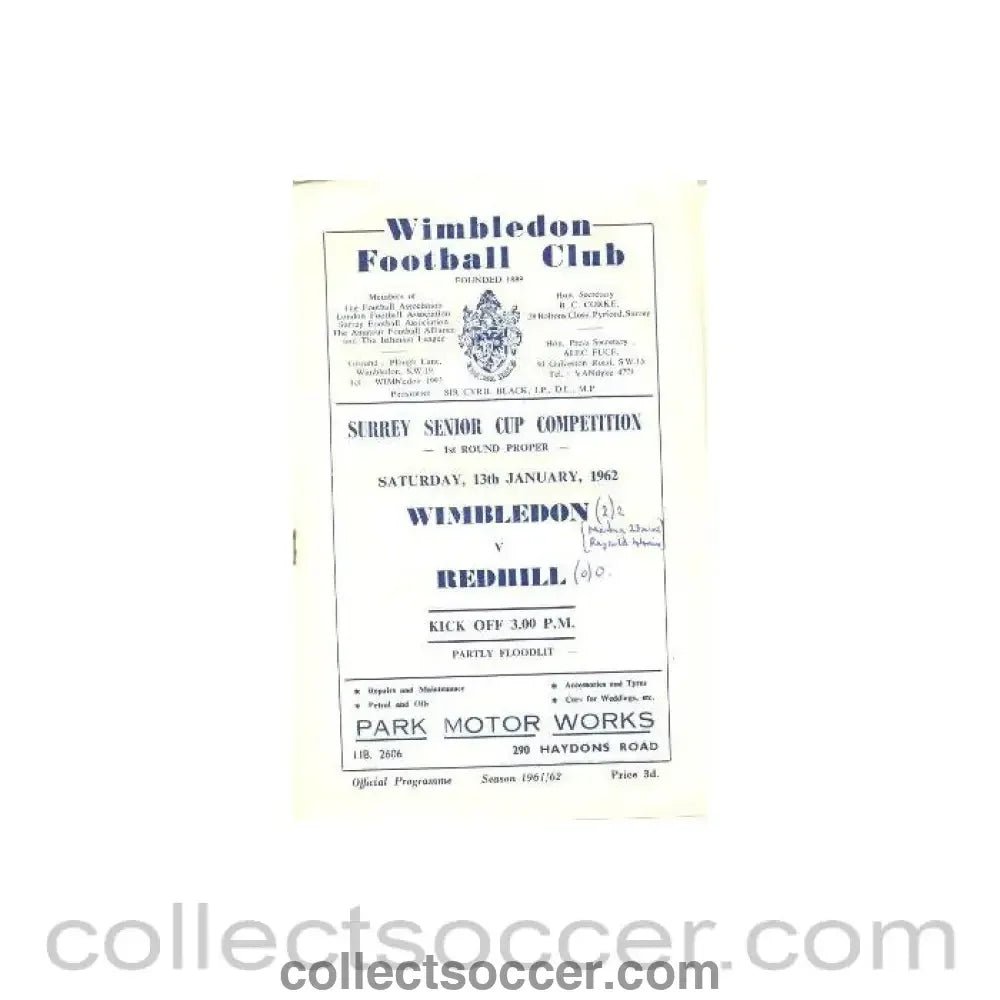 1962 - Wimbledon v Redhill official programme 13/01/1962 - Collect Soccer