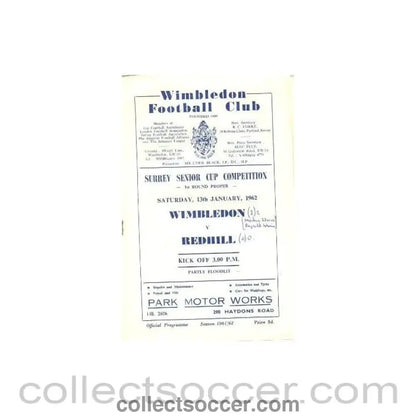 1962 - Wimbledon v Redhill official programme 13/01/1962 - Collect Soccer