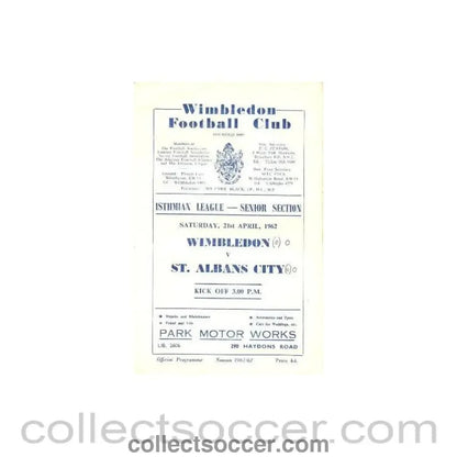 1962 - Wimbledon v St. Albans City official programme 21/04/1962 - Collect Soccer