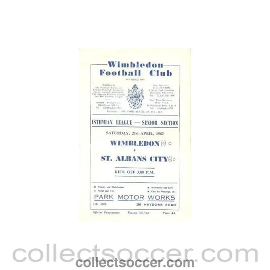 1962 - Wimbledon v St. Albans City official programme 21/04/1962 - Collect Soccer