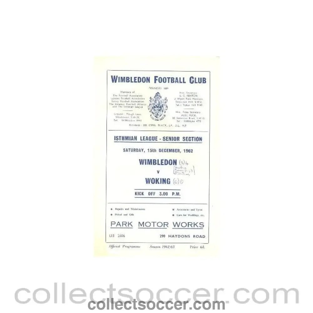1962 - Wimbledon v Woking official programme 15/12/1962 - Collect Soccer