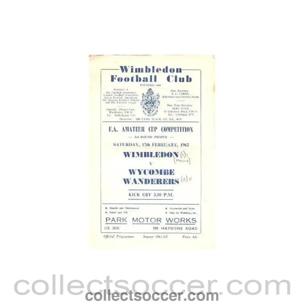 1962 - Wimbledon v Wycombe Wanderers F.A. Amateur Cup Competition official programme 17/02/1962 - Collect Soccer