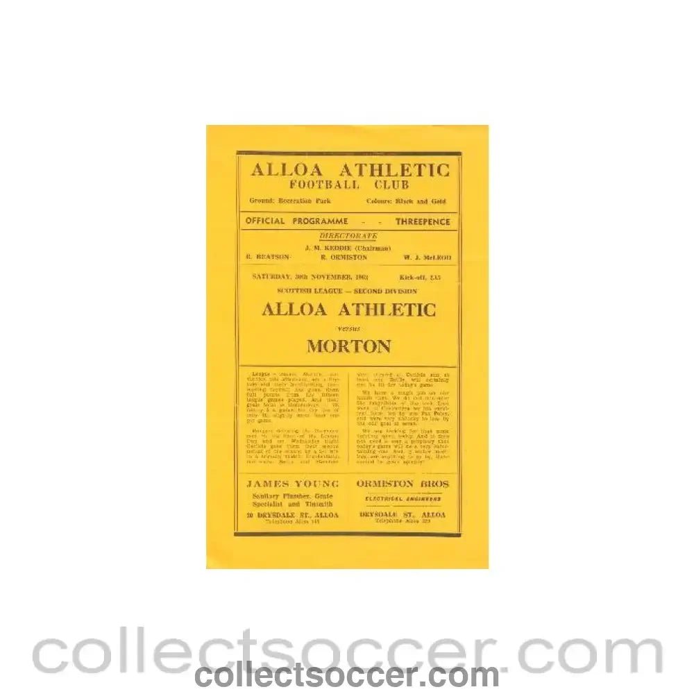 1963 - Alloa Athletic v Morton official programme 30/11/1963 - Collect Soccer