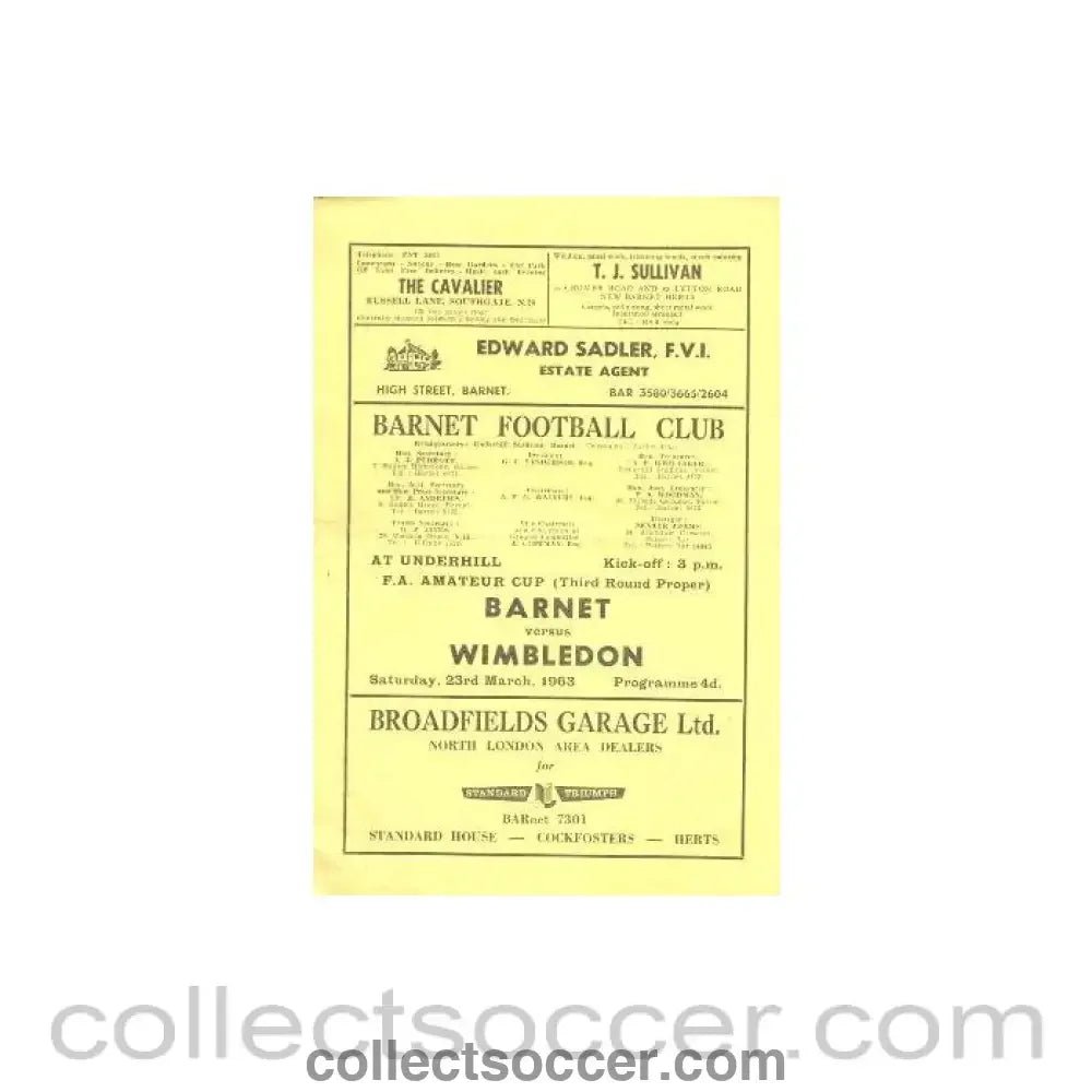 1963 - Barnet v Wimbledon official programme 23/03/1963 - Collect Soccer
