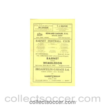 1963 - Barnet v Wimbledon official programme 23/03/1963 - Collect Soccer