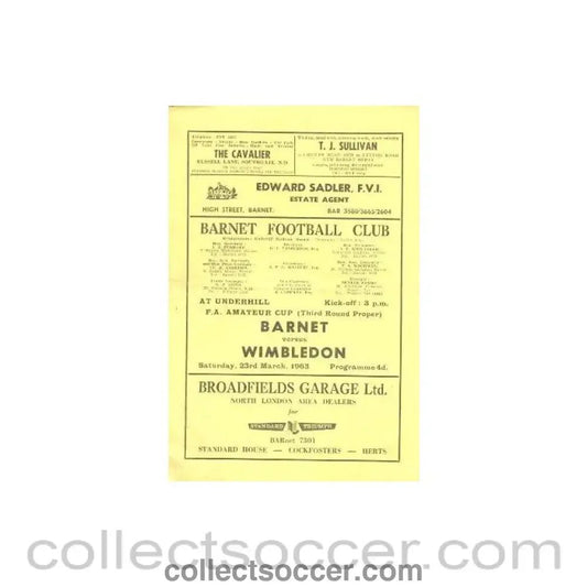 1963 - Barnet v Wimbledon official programme 23/03/1963 - Collect Soccer