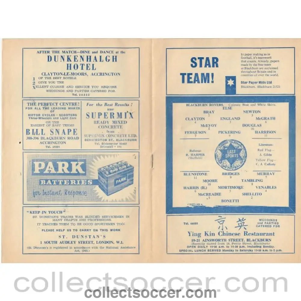 1963 - Blackburn Rovers v Chelsea 16/09/1963 RARE Football Programme - Collect Soccer