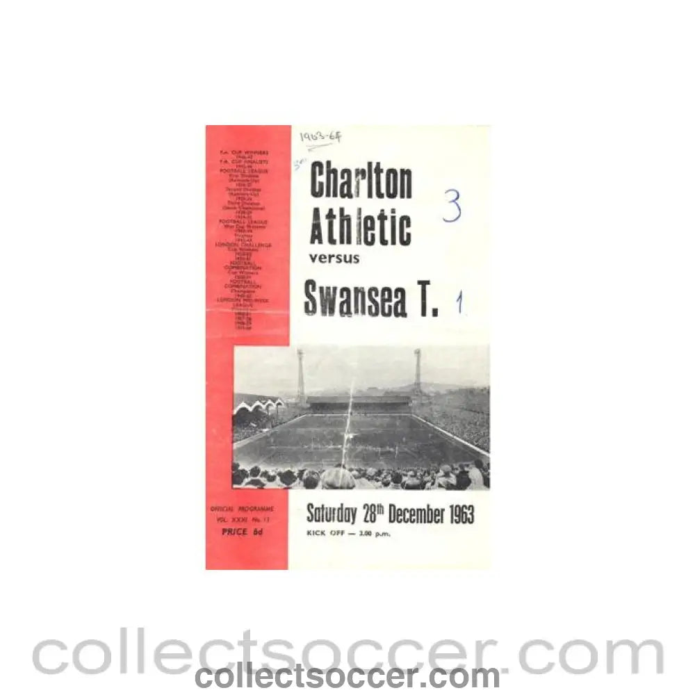 1963 - Charlton Athletic v Swansea Town official programme 28/12/1963