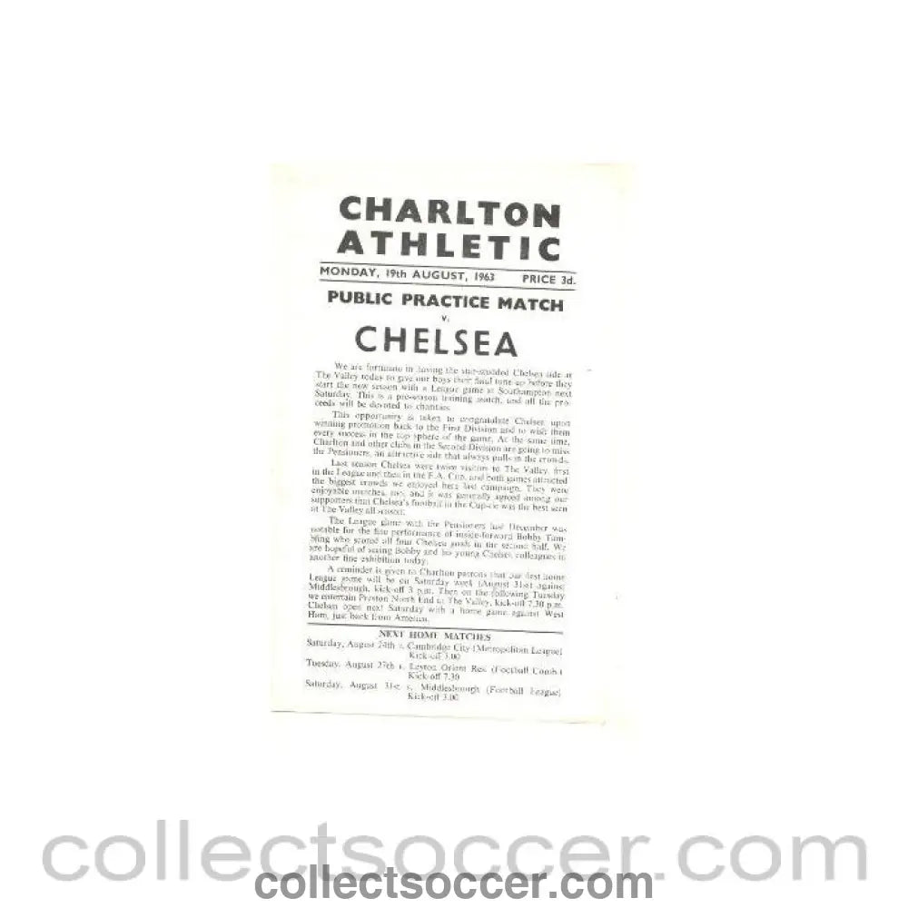 1963 - Charlton Athletic vChelsea official programme 19/08/1963 - Collect Soccer