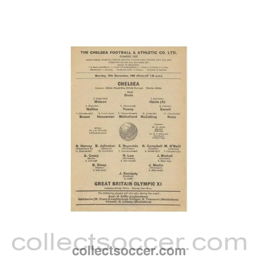 1963 - Chelsea v Great Britain Olympic XI official programme 16/12/1963