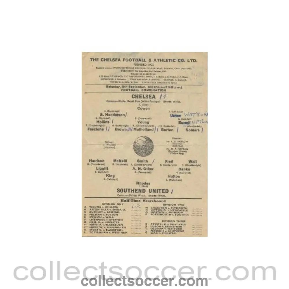 1963 - Chelsea v Southend United official programme 28/09/1963 - Collect Soccer